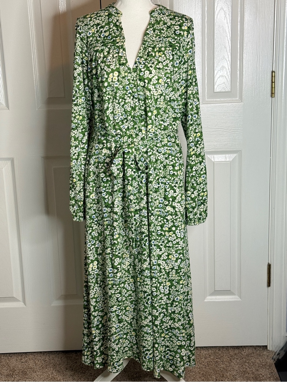 Boden Green Floral Notch Neck Jersey Midi Dress US 8R UK 12R D0483 Cotton Modal